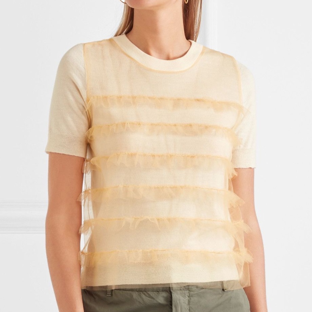 J. Crew Merino Wool Tulle Ruffle Top in Cream